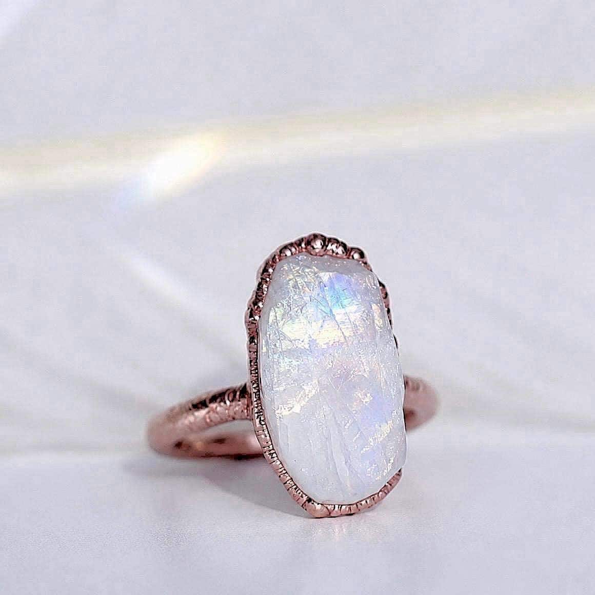 Chunky Raw Rainbow Moonstone Ring in Copper, June Birthstone Ring, Unique June Birthday Gift, Organic Copper Jewelry