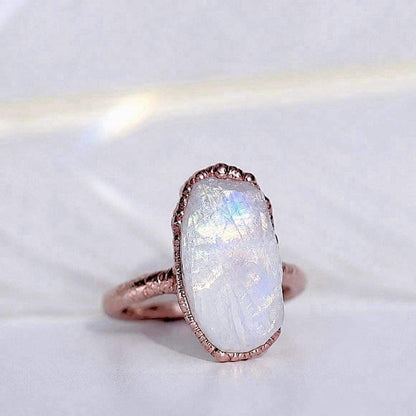 Chunky Raw Rainbow Moonstone Ring in Copper, June Birthstone Ring, Unique June Birthday Gift, Organic Copper Jewelry