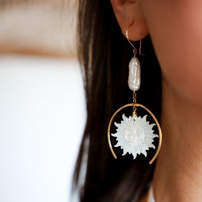 Sun and Moon Face Mother of Pearl Earrings, Sun Face Jewelry, Gold Filled Sun Earrings, Moon and Sun Earrings, Mother of Pearl Sun Earrings