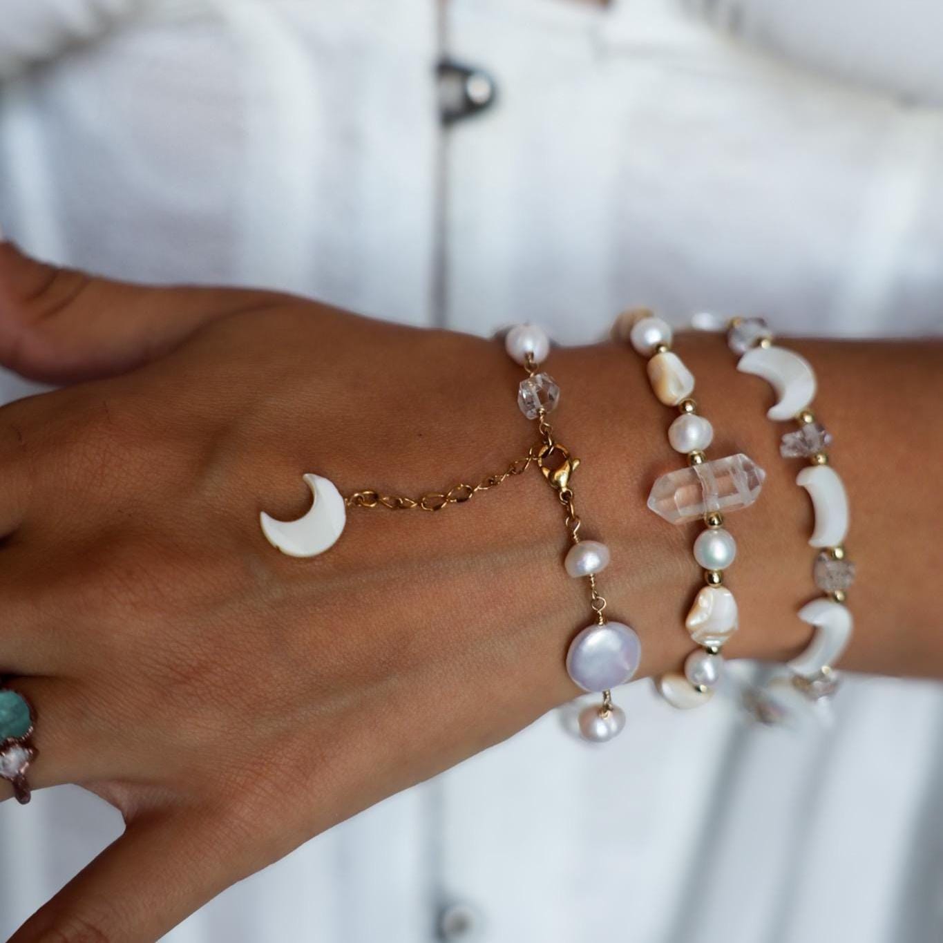 Pearl Moon and Crystal Bracelet, Celestial Bracelet, Pearl and Herkimer Diamond Bracelet, Mother of Pearl Bracelet, Moon Bead Bracelet