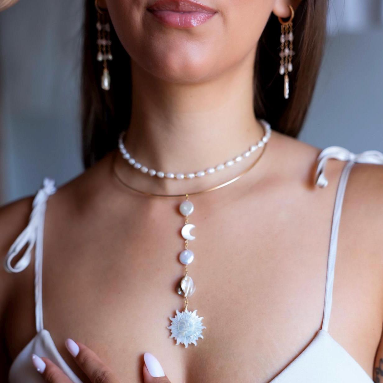 Mother of Pearl Sun and Moon Face Gold Filled Collar Necklace, Sun and Moon Statement Choker, Beachy Lariat Choker Necklace, Sterling Silver