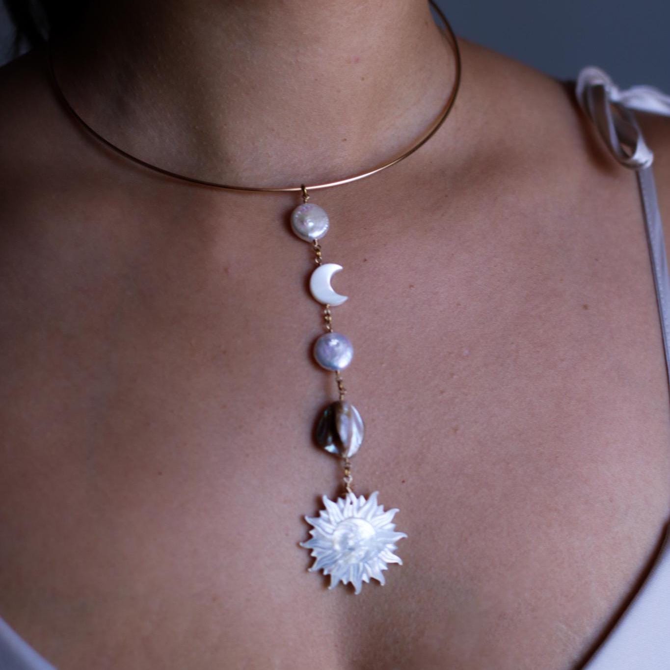 Mother of Pearl Sun and Moon Face Gold Filled Collar Necklace, Sun and Moon Statement Choker, Beachy Lariat Choker Necklace, Sterling Silver