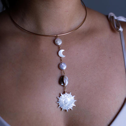 Mother of Pearl Sun and Moon Face Gold Filled Collar Necklace, Sun and Moon Statement Choker, Beachy Lariat Choker Necklace, Sterling Silver