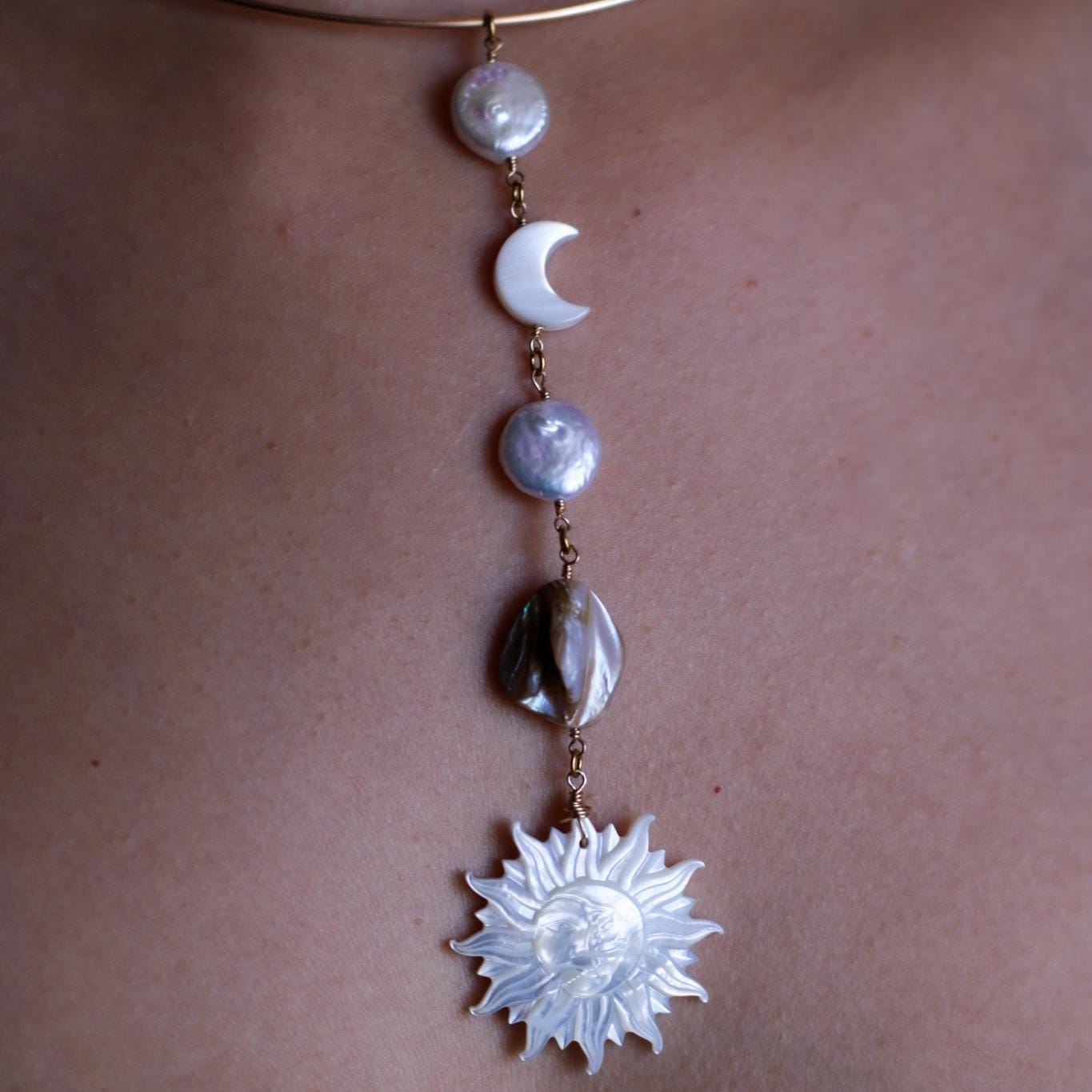 Mother of Pearl Sun and Moon Face Gold Filled Collar Necklace, Sun and Moon Statement Choker, Beachy Lariat Choker Necklace, Sterling Silver