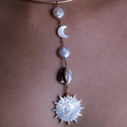 Mother of Pearl Sun and Moon Face Gold Filled Collar Necklace, Sun and Moon Statement Choker, Beachy Lariat Choker Necklace, Sterling Silver