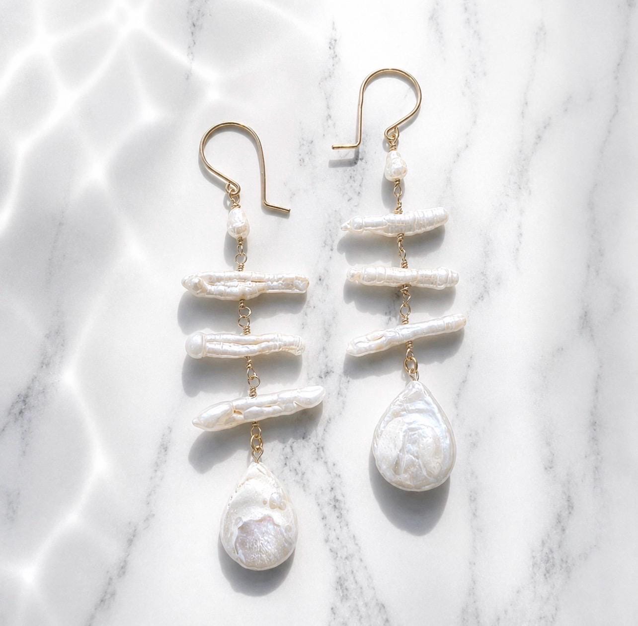Teardrop Pearl Statement Dangle Earrings, Unique Biwa Pearl Jewelry, Handmade Bridal Earrings, Freshwater Pearls