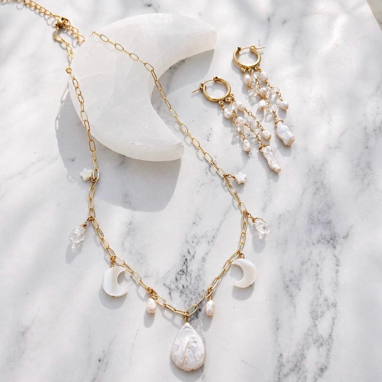 Moon and Pearl Charm Station Necklace, Celestial Charm Necklace, Pearl Charm Choker, Pearl and Crystal Necklace, Boho Wedding Necklace