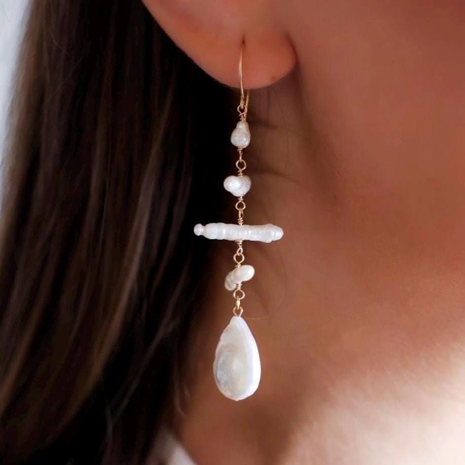 Teardrop Pearl Statement Dangle Earrings, Unique Biwa Pearl Jewelry, Handmade Bridal Earrings, Freshwater Pearls
