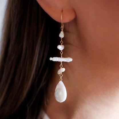 Teardrop Pearl Statement Dangle Earrings, Unique Biwa Pearl Jewelry, Handmade Bridal Earrings, Freshwater Pearls