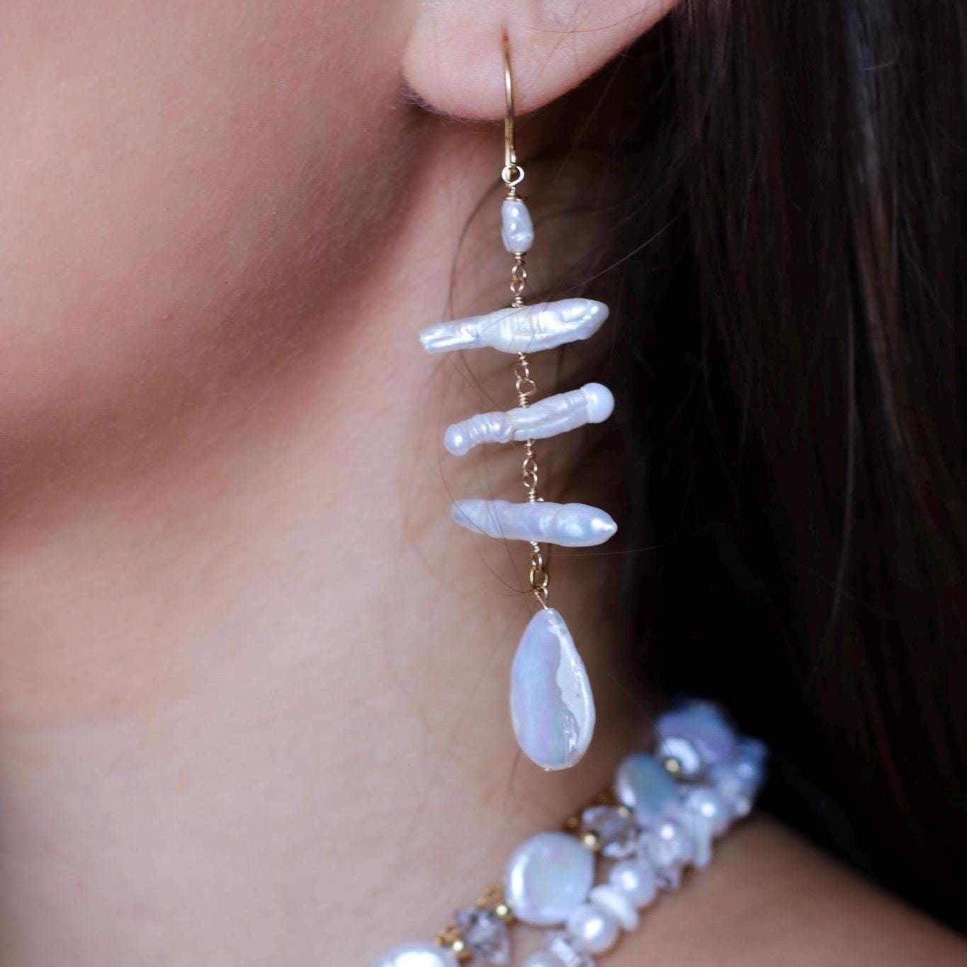 Teardrop Pearl Statement Dangle Earrings, Unique Biwa Pearl Jewelry, Handmade Bridal Earrings, Freshwater Pearls