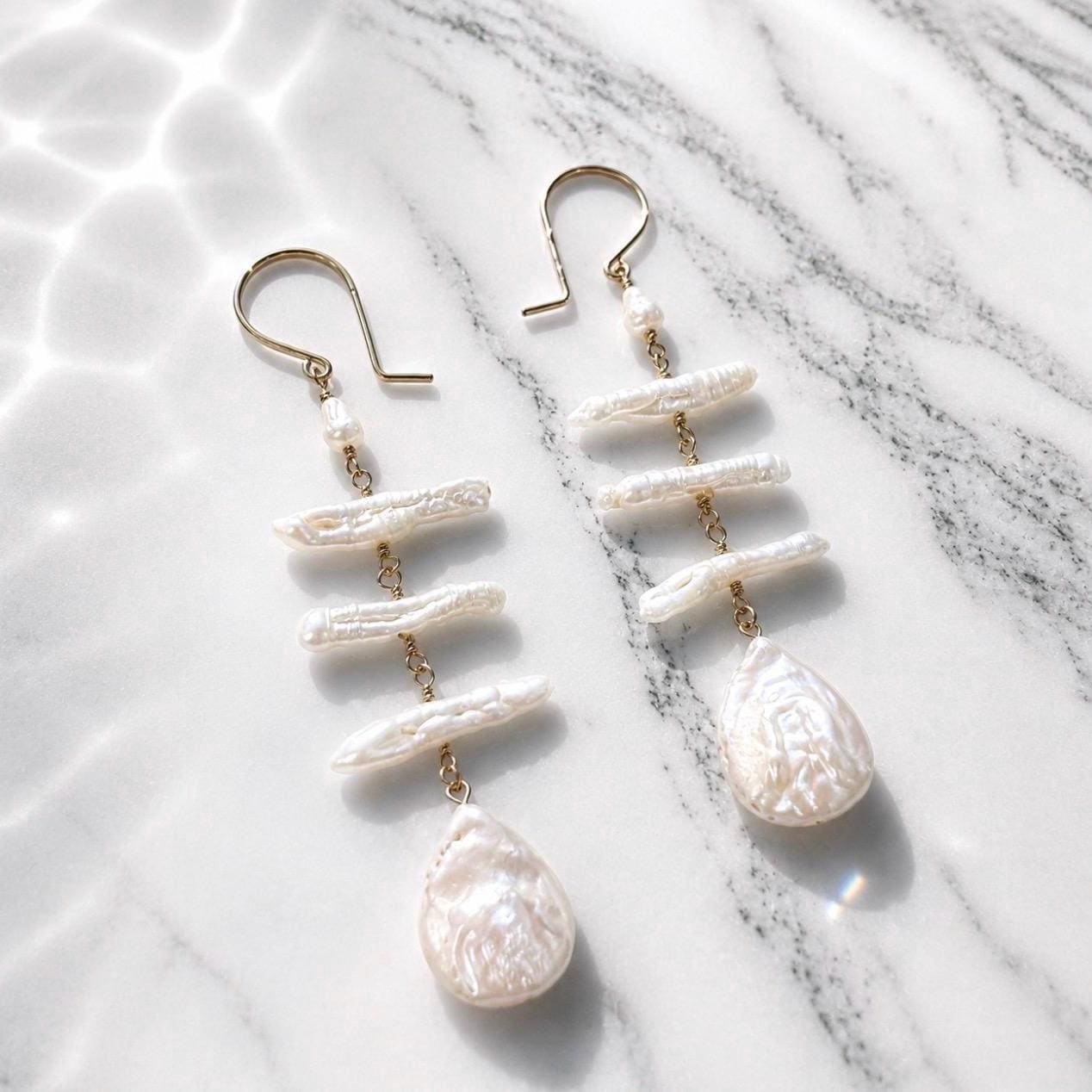 Teardrop Pearl Statement Dangle Earrings, Unique Biwa Pearl Jewelry, Handmade Bridal Earrings, Freshwater Pearls