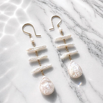 Teardrop Pearl Statement Dangle Earrings, Unique Biwa Pearl Jewelry, Handmade Bridal Earrings, Freshwater Pearls