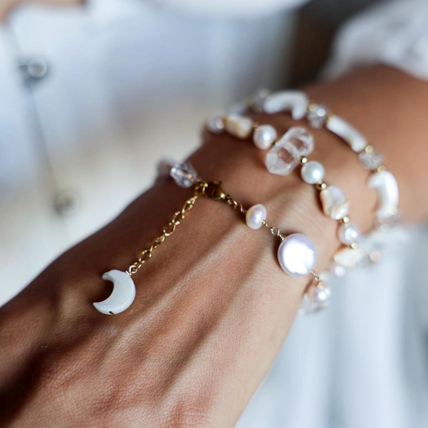 Pearl Moon Bracelet, Boho Pearl Bracelet for Women, Freshwater Baroque Pearl Jewelry, Boho Bride Bracelet