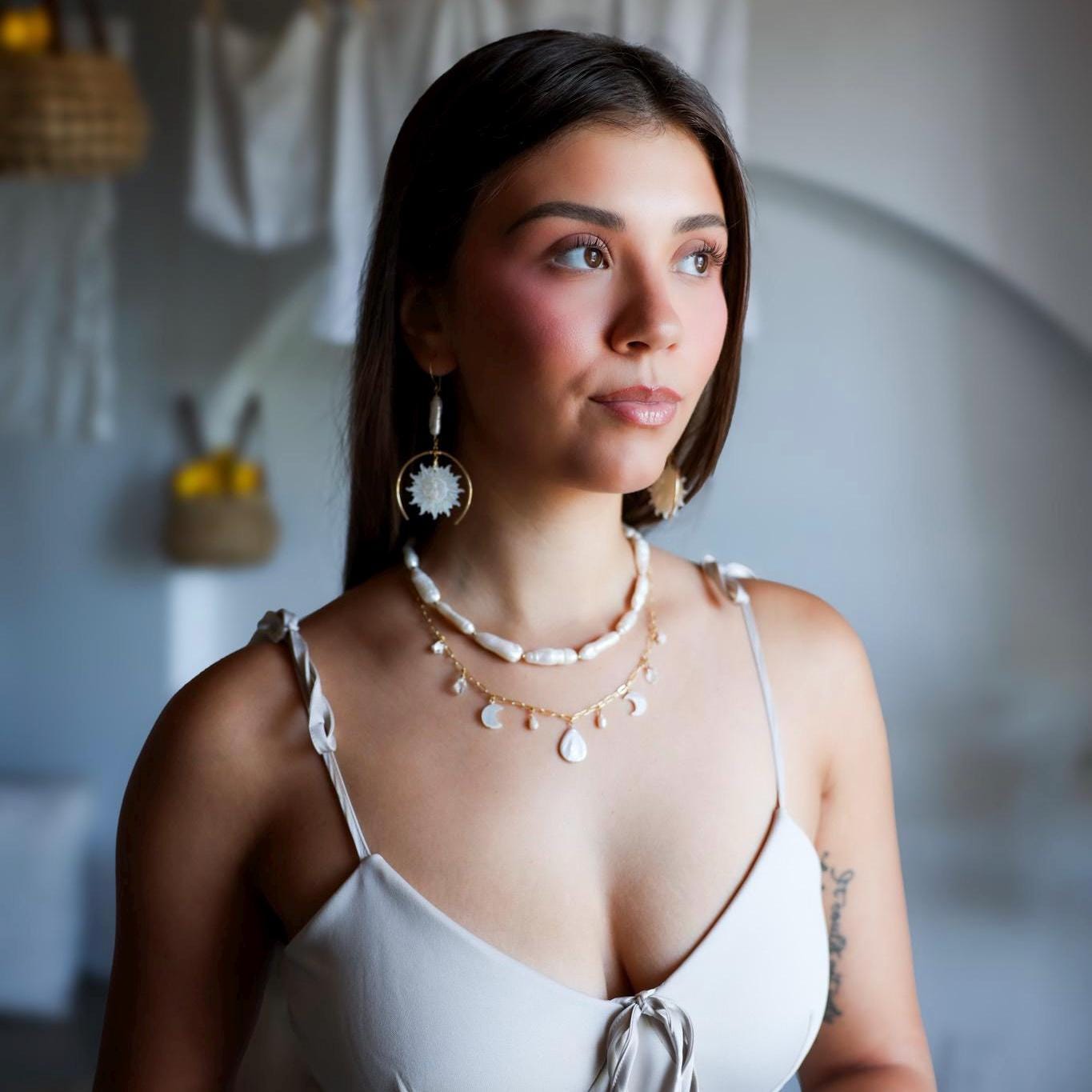 Moon and Pearl Charm Station Necklace, Celestial Charm Necklace, Pearl Charm Choker, Pearl and Crystal Necklace, Boho Wedding Necklace