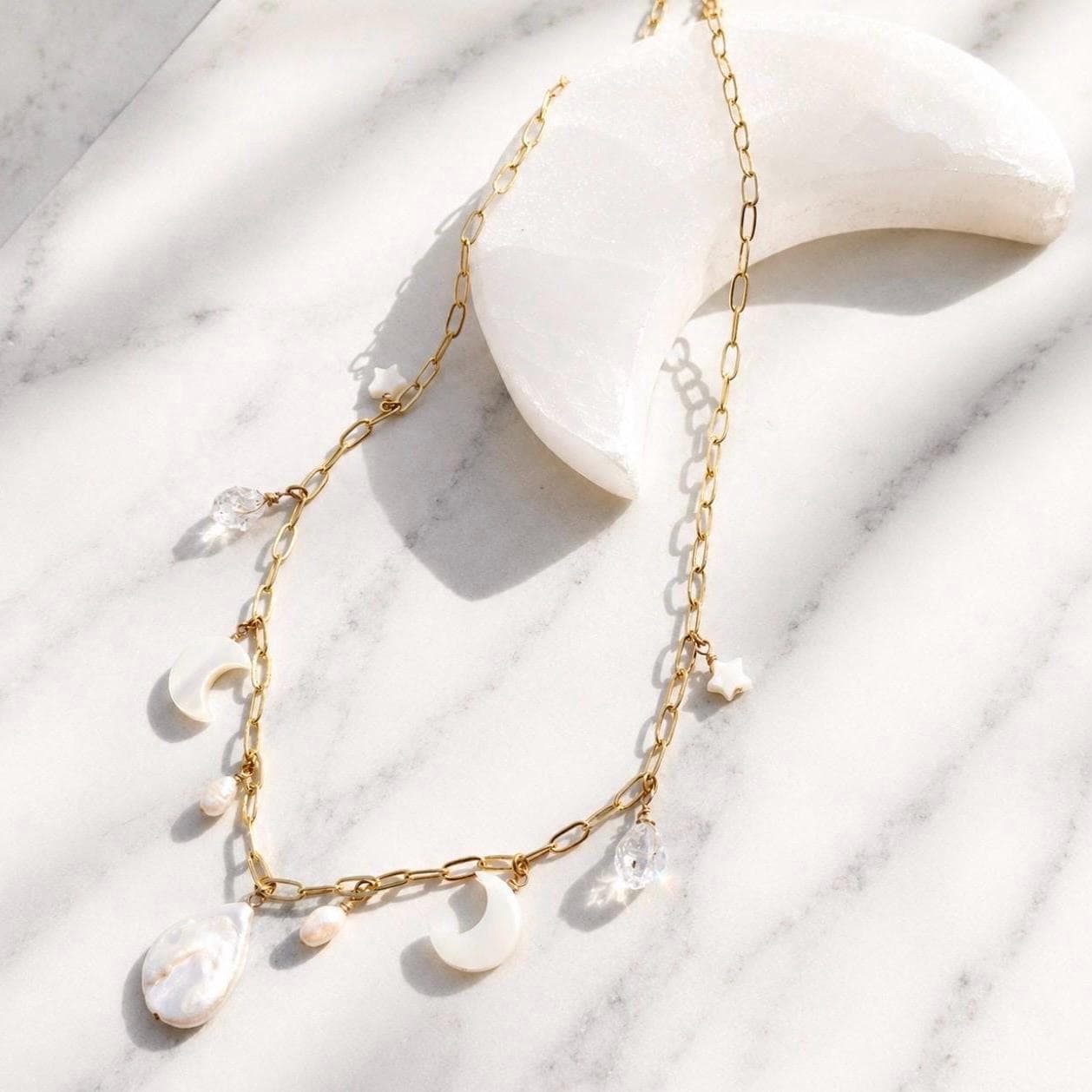 Moon and Pearl Charm Station Necklace, Celestial Charm Necklace, Pearl Charm Choker, Pearl and Crystal Necklace, Boho Wedding Necklace