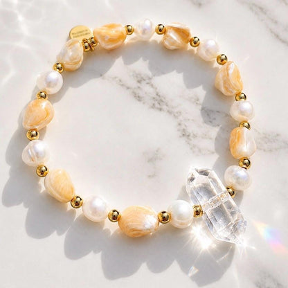 Pearl Seashell Bracelet with Crystal Quartz, Pearl and Crystal Jewelry, Trochus Shell Jewelry, Pearl Stretchy Bracelet, Beachy Boho Bracelet
