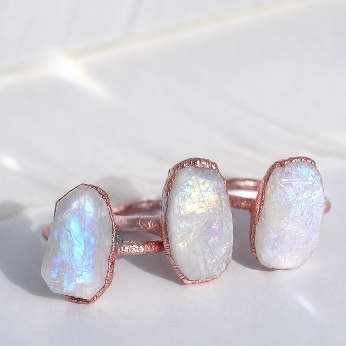 Chunky Raw Rainbow Moonstone Ring in Copper, June Birthstone Ring, Unique June Birthday Gift, Organic Copper Jewelry