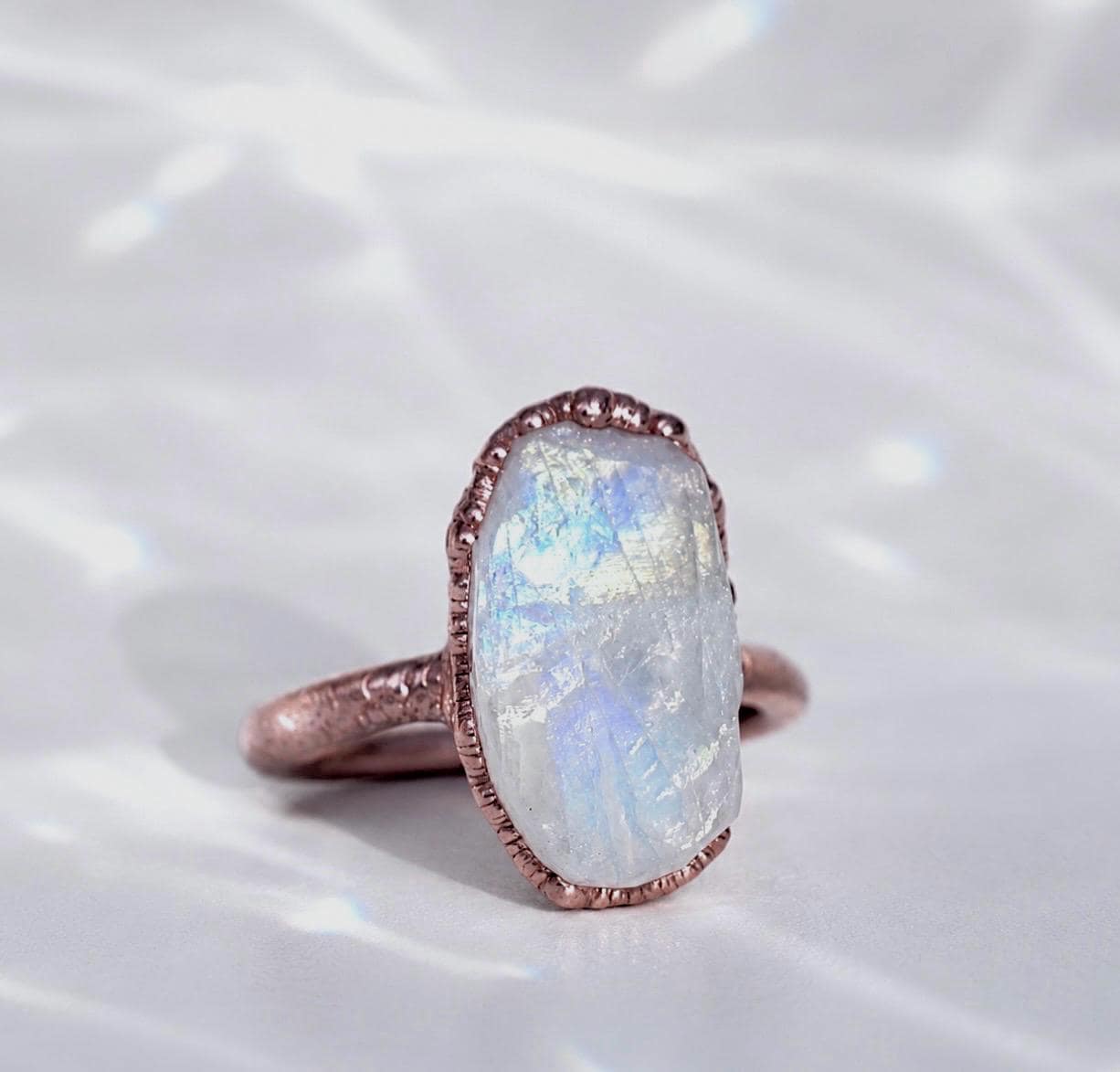 Chunky Raw Rainbow Moonstone Ring in Copper, June Birthstone Ring, Unique June Birthday Gift, Organic Copper Jewelry