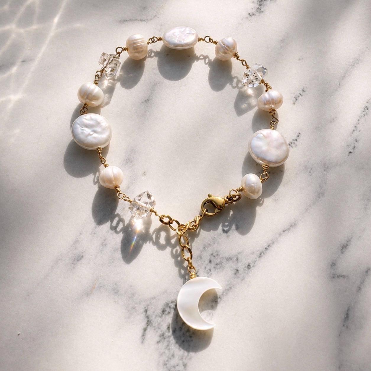 Pearl Moon Bracelet, Boho Pearl Bracelet for Women, Freshwater Baroque Pearl Jewelry, Boho Bride Bracelet