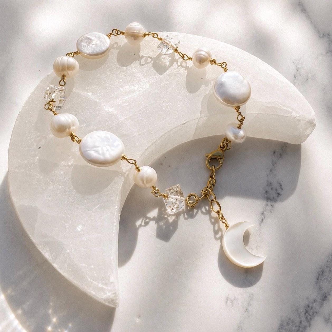 Pearl Moon Bracelet, Boho Pearl Bracelet for Women, Freshwater Baroque Pearl Jewelry, Boho Bride Bracelet