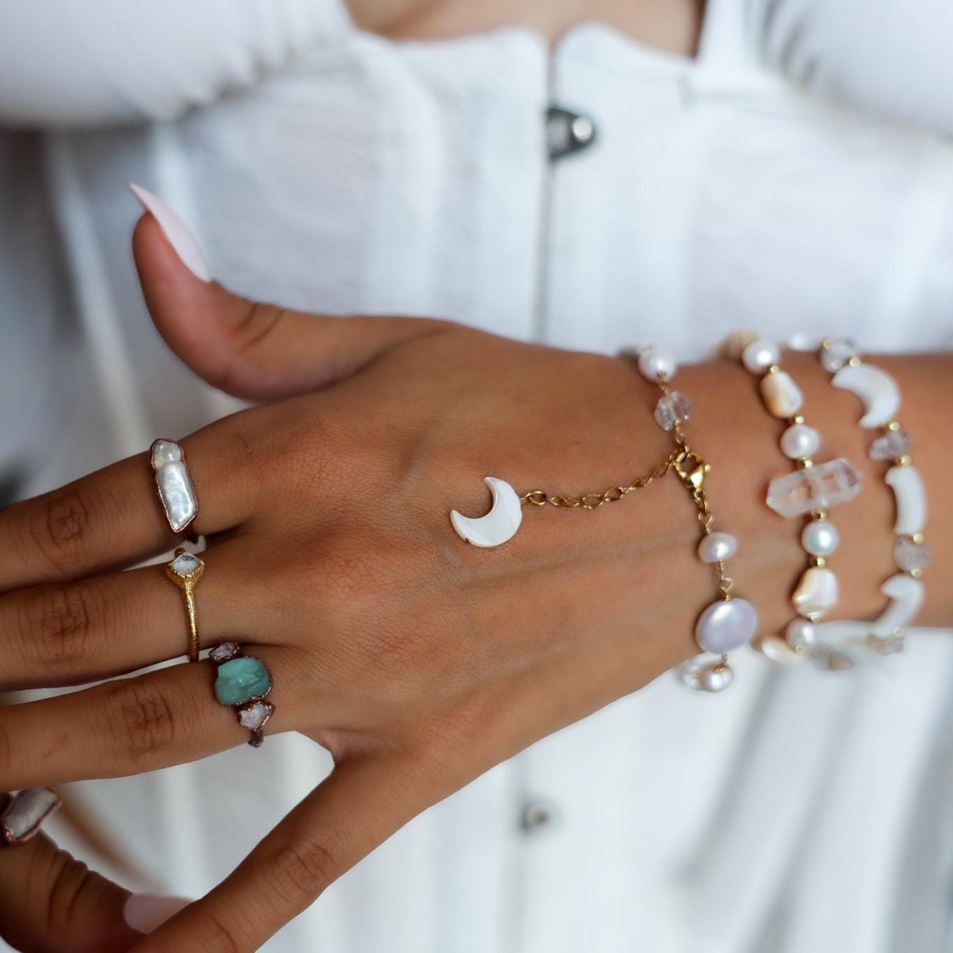 Pearl Moon Bracelet, Boho Pearl Bracelet for Women, Freshwater Baroque Pearl Jewelry, Boho Bride Bracelet