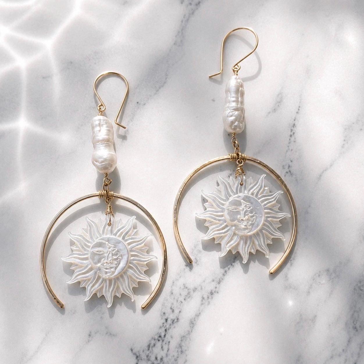 Sun and Moon Face Mother of Pearl Earrings, Sun Face Jewelry, Gold Filled Sun Earrings, Moon and Sun Earrings, Mother of Pearl Sun Earrings