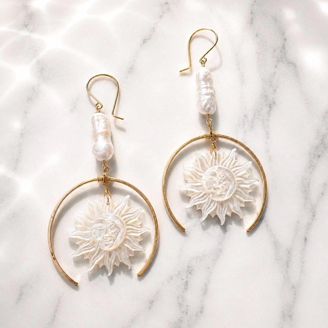 Sun and Moon Face Mother of Pearl Earrings, Sun Face Jewelry, Gold Filled Sun Earrings, Moon and Sun Earrings, Mother of Pearl Sun Earrings