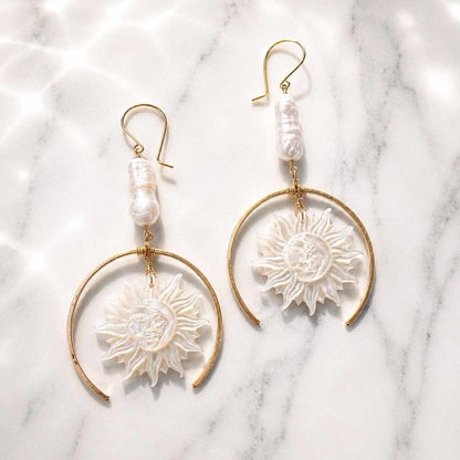 Sun and Moon Face Mother of Pearl Earrings, Sun Face Jewelry, Gold Filled Sun Earrings, Moon and Sun Earrings, Mother of Pearl Sun Earrings
