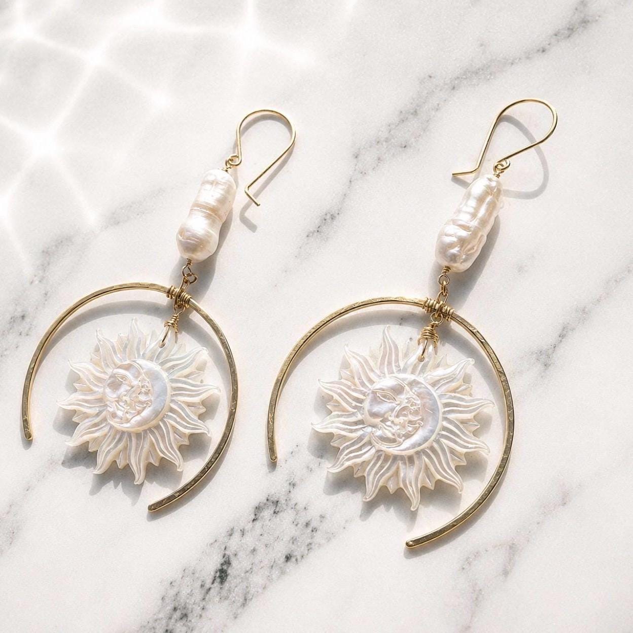 Sun and Moon Face Mother of Pearl Earrings, Sun Face Jewelry, Gold Filled Sun Earrings, Moon and Sun Earrings, Mother of Pearl Sun Earrings