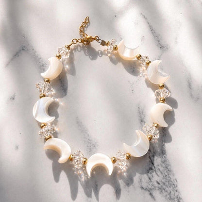 Pearl Moon and Crystal Bracelet, Celestial Bracelet, Pearl and Herkimer Diamond Bracelet, Mother of Pearl Bracelet, Moon Bead Bracelet