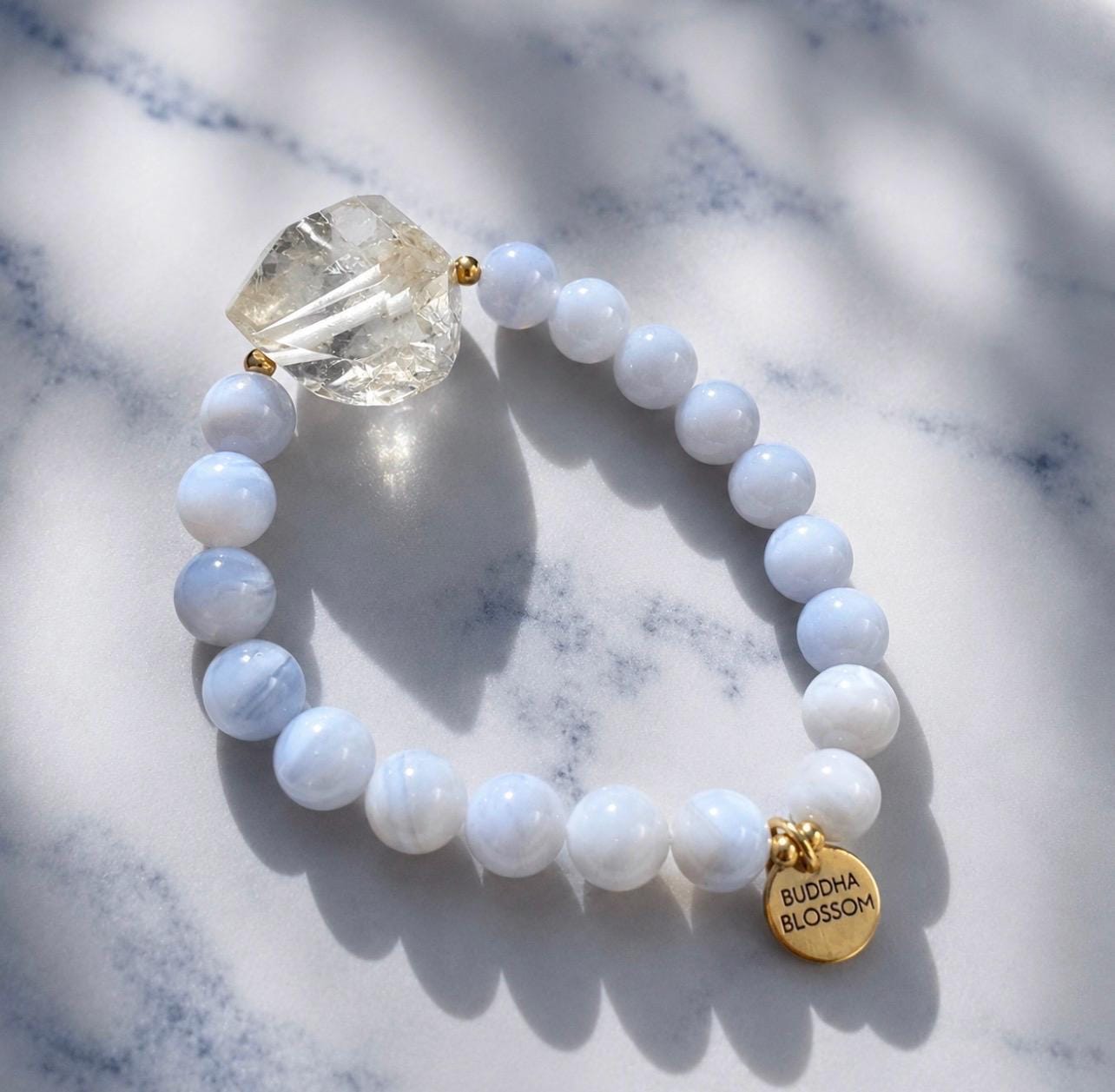 Blue Lace Agate & Herkimer Diamond Bracelet, Soothing Gemstone Mala Bracelet, Light Blue Stone Bracelet, Crystal Stretchy Bracelet