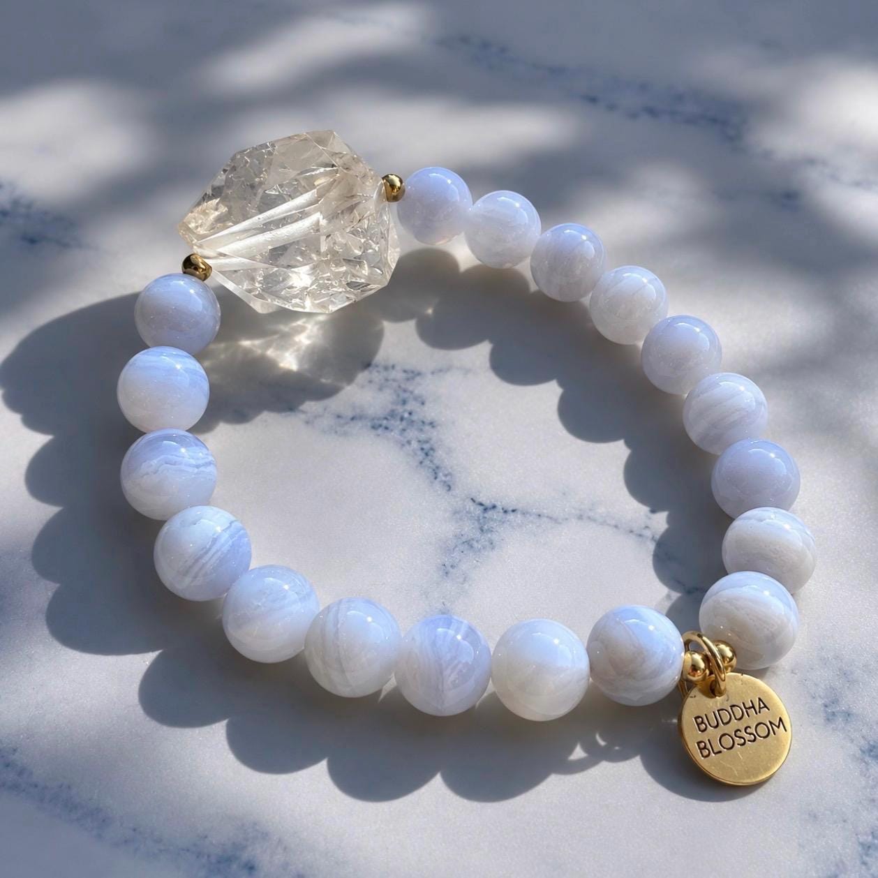 Blue Lace Agate & Herkimer Diamond Bracelet, Soothing Gemstone Mala Bracelet, Light Blue Stone Bracelet, Crystal Stretchy Bracelet