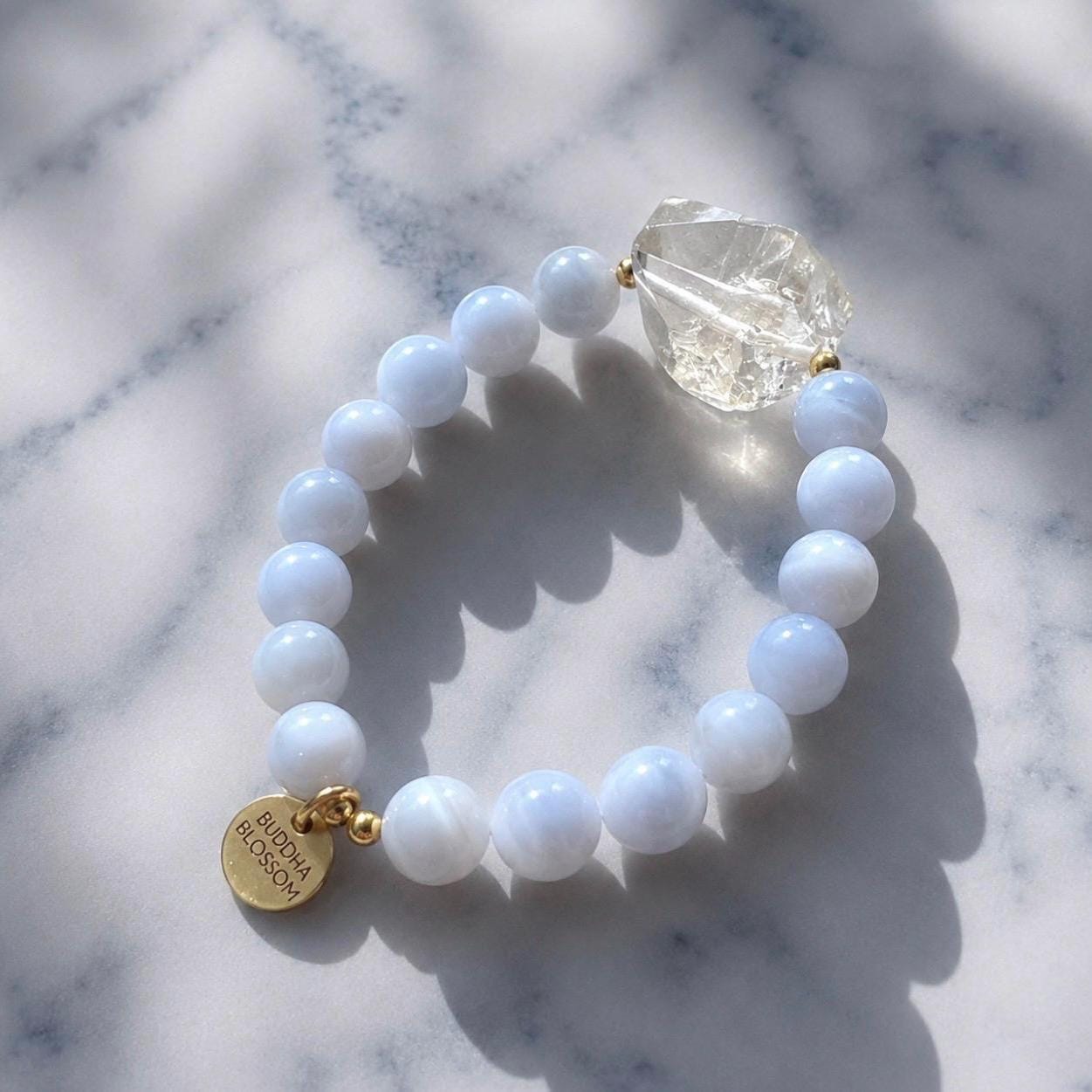 Blue Lace Agate & Herkimer Diamond Bracelet, Soothing Gemstone Mala Bracelet, Light Blue Stone Bracelet, Crystal Stretchy Bracelet