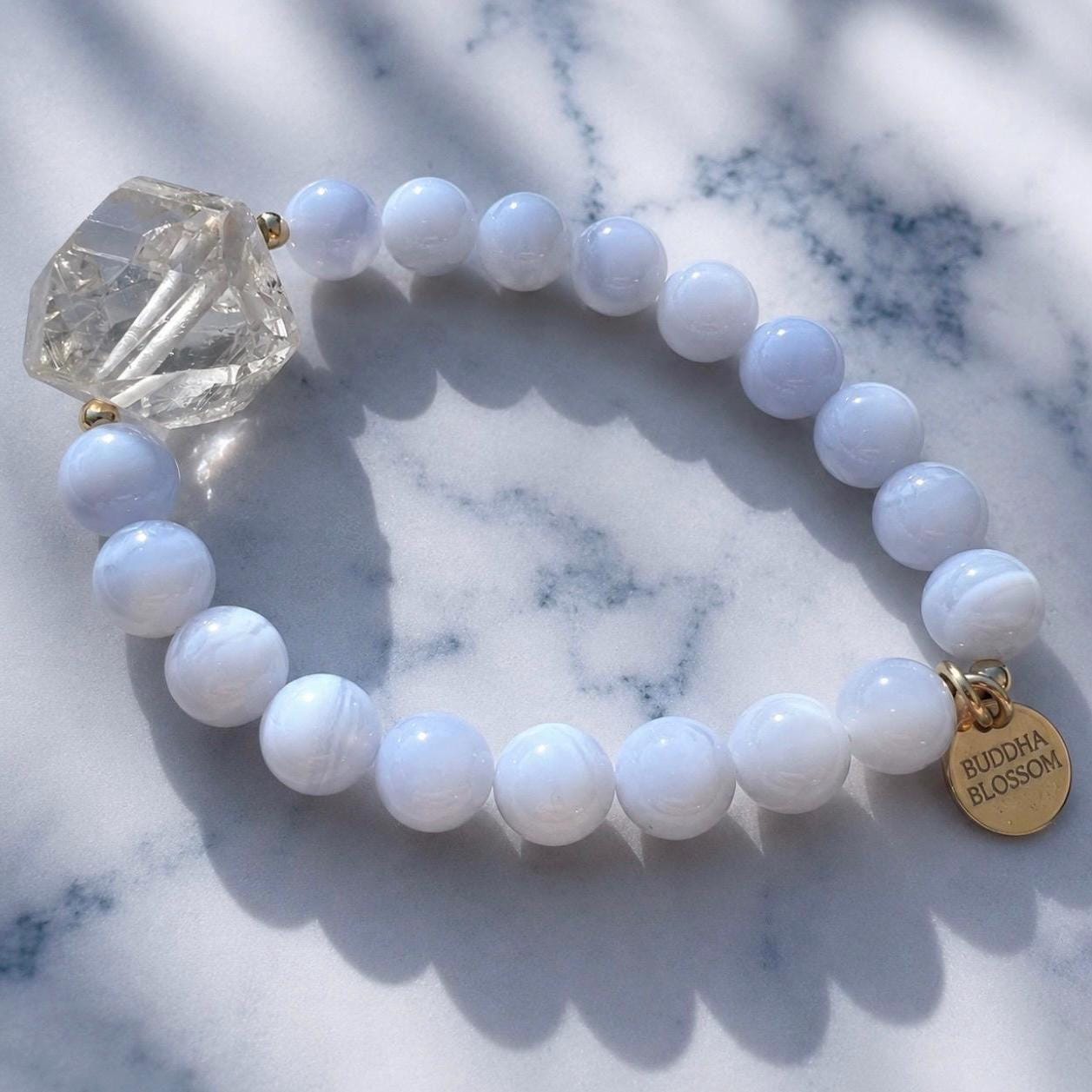 Blue Lace Agate & Herkimer Diamond Bracelet, Soothing Gemstone Mala Bracelet, Light Blue Stone Bracelet, Crystal Stretchy Bracelet