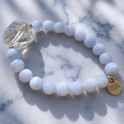 Blue Lace Agate & Herkimer Diamond Bracelet, Soothing Gemstone Mala Bracelet, Light Blue Stone Bracelet, Crystal Stretchy Bracelet