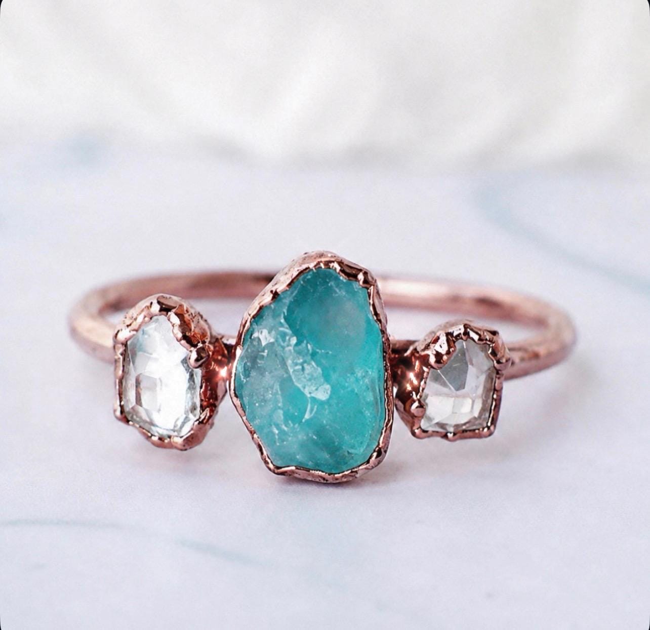 Apatite & Herkimer Diamond Ring in Copper, Aqua Stone Wedding Ring, Alternative Engagement Ring, Blue Apatite Jewelry, Boho Gemstone Ring