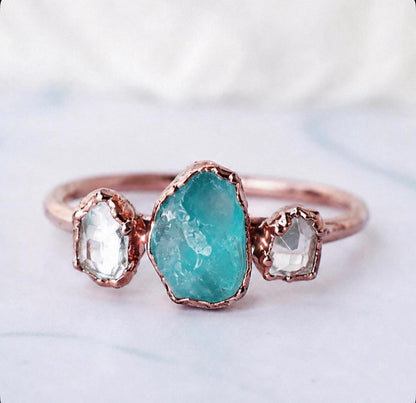 Apatite & Herkimer Diamond Ring in Copper, Aqua Stone Wedding Ring, Alternative Engagement Ring, Blue Apatite Jewelry, Boho Gemstone Ring