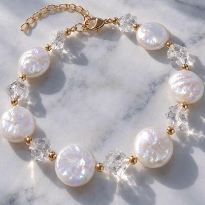 Pearl Coin Bracelet, Crystal and Pearl Bracelet, Fun Pearl Jewelry, Pearl Wedding Bracelet, Coin Pearl Jewelry