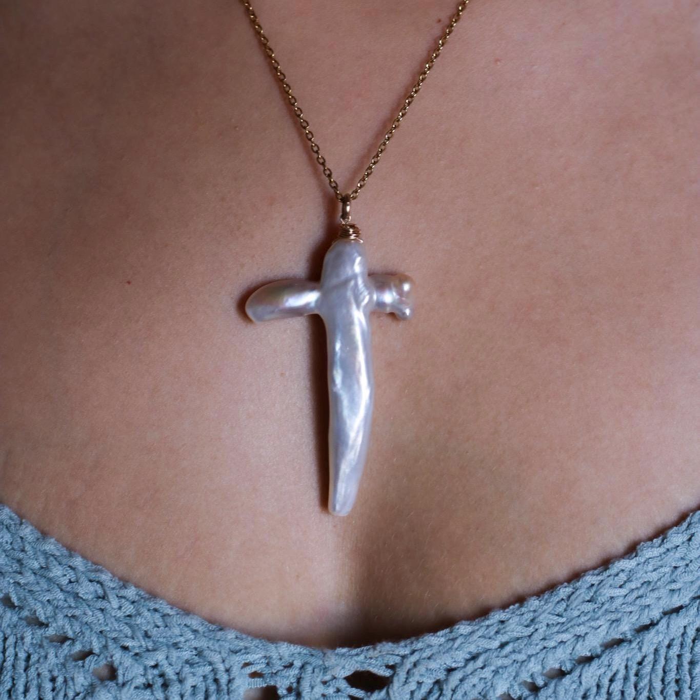 Pearl Cross Necklace, Genuine Freshwater Pearl Pendant, Pearl Cross Jewelry, Real Pearl Necklace, Women's Cross, Baptism Gift