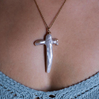 Pearl Cross Necklace, Genuine Freshwater Pearl Pendant, Pearl Cross Jewelry, Real Pearl Necklace, Women's Cross, Baptism Gift