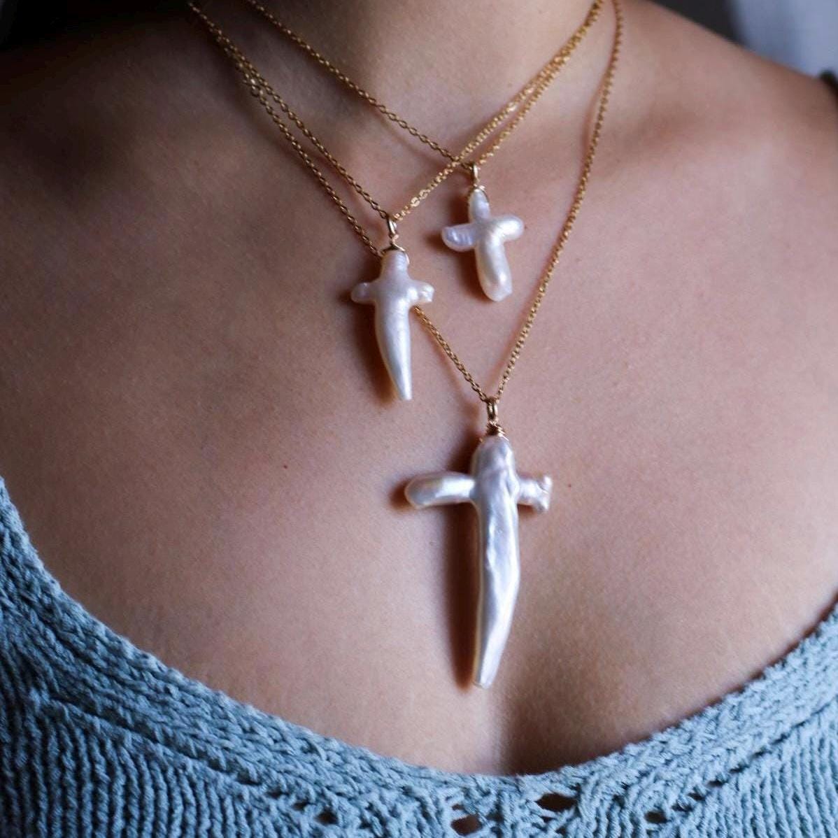 Pearl Cross Necklace, Genuine Freshwater Pearl Pendant, Pearl Cross Jewelry, Real Pearl Necklace, Women's Cross, Baptism Gift