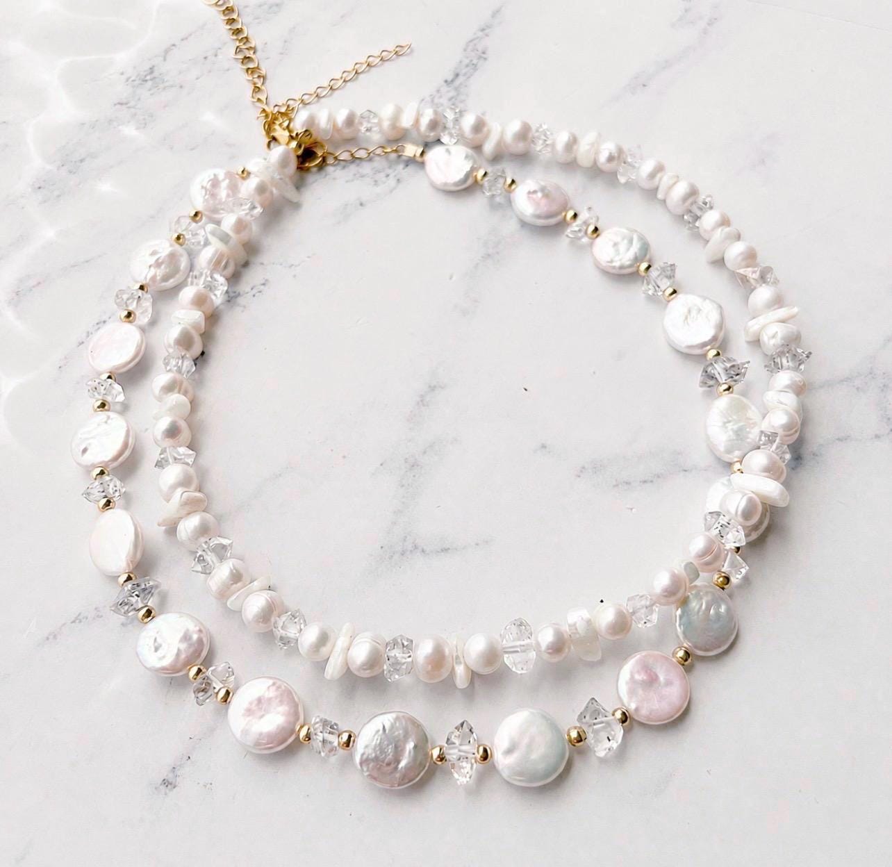 Pearl Coin Choker with Herkimer Diamonds, Pearl Choker, Pearl Layer Necklace, Boho Pearl Choker, Pearl Wedding Choker