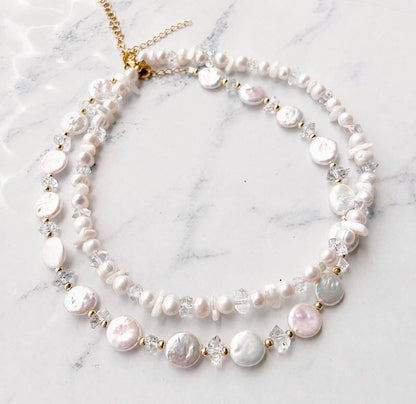 Pearl Coin Choker with Herkimer Diamonds, Pearl Choker, Pearl Layer Necklace, Boho Pearl Choker, Pearl Wedding Choker