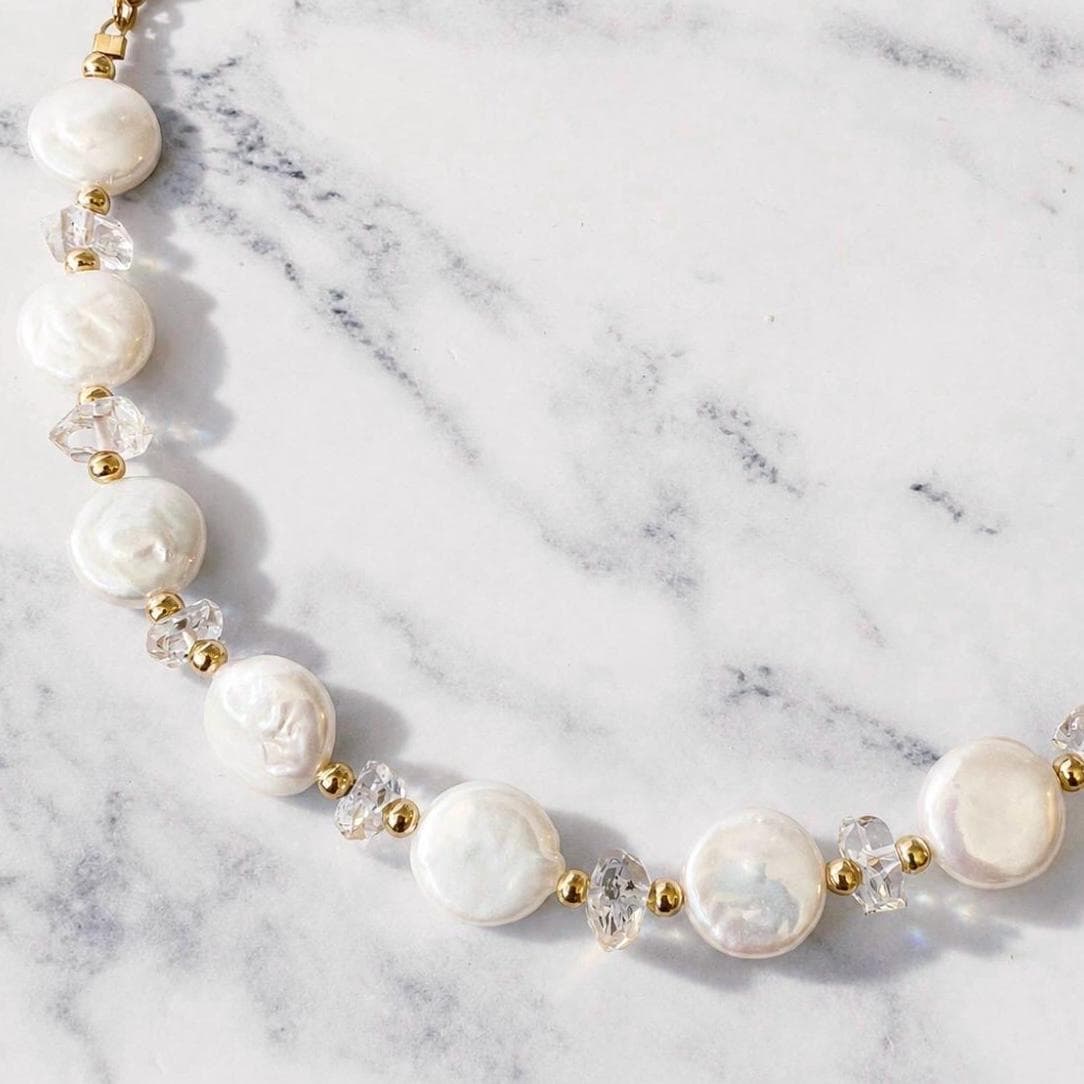 Pearl Coin Choker with Herkimer Diamonds, Pearl Choker, Pearl Layer Necklace, Boho Pearl Choker, Pearl Wedding Choker