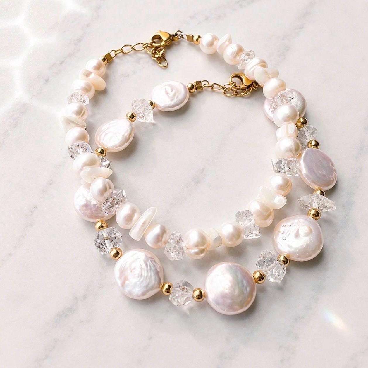 Pearl Coin Bracelet, Crystal and Pearl Bracelet, Fun Pearl Jewelry, Pearl Wedding Bracelet, Coin Pearl Jewelry