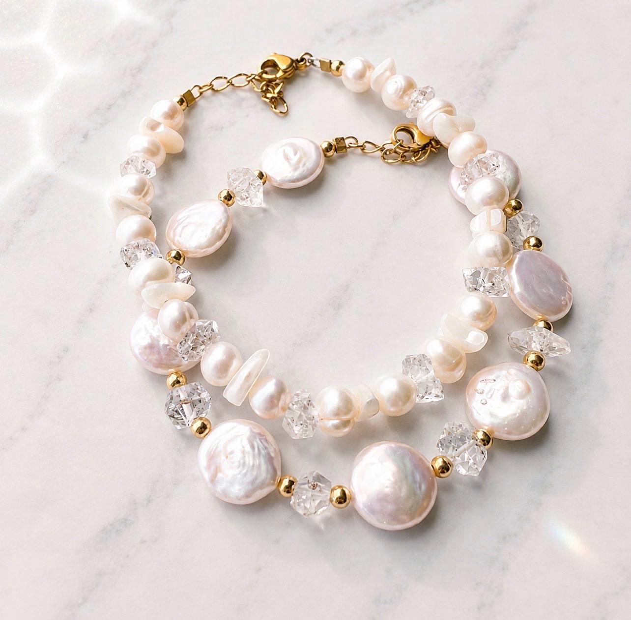 Pearl and Crystal Confetti Bracelet, Whimsical Pearl Bracelet, Boho Crystal Bracelet, Pearl Stacking Bracelet, Wedding Bracelet