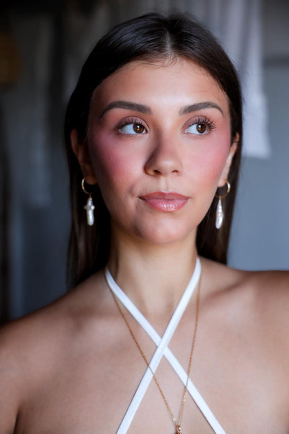 Pearl Cross Huggie Earrings,