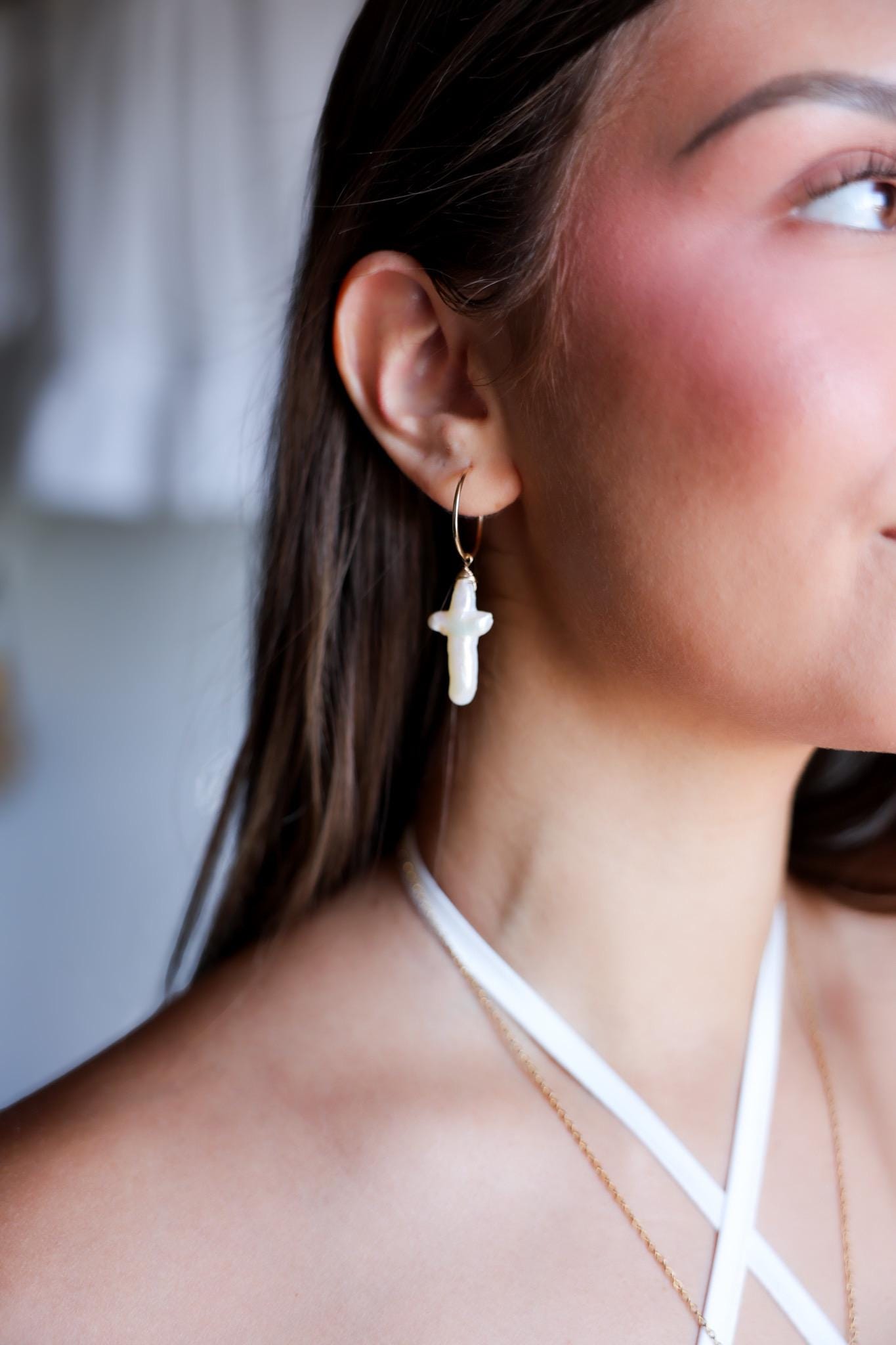 Pearl Cross Huggie Earrings,