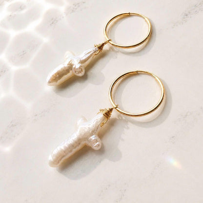 Pearl Cross Huggie Earrings,