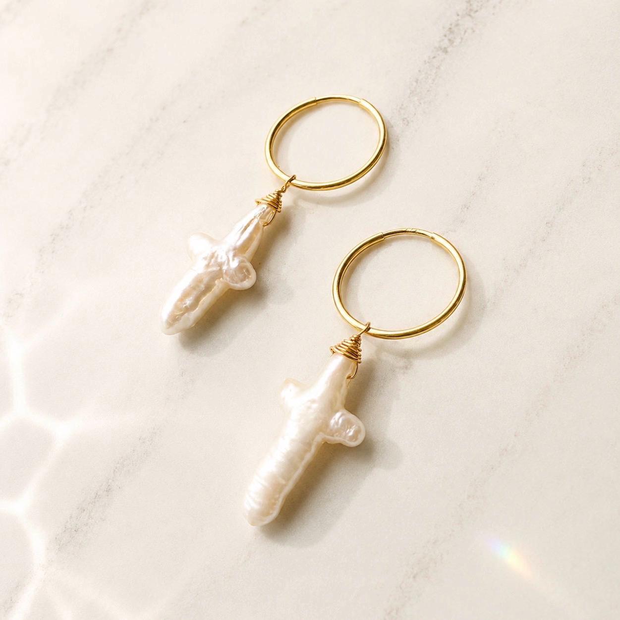 Pearl Cross Huggie Earrings,